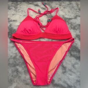 Victoria's Secret Hot Pink Bikini Set Woven Detail Size L BNWOT